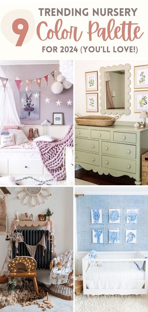 Get ready to style your baby's room with the latest trends in nursery color palettes for 2024! Curious about which nursery paint colors will be trending in 2024? Look no further! In this article, we'll unveil the leading nursery paint color trends for 2024, setting the tone for the year ahead. Best Colors For Nursery, Trending Nursery Themes 2023, Tan Wall Nursery, Warm Nursery Colors, Nursery Trends 2024, Nursery Colour Palette, Eclectic Nursery Ideas, Girl Nursery Color Scheme, 2024 Nursery Trends
