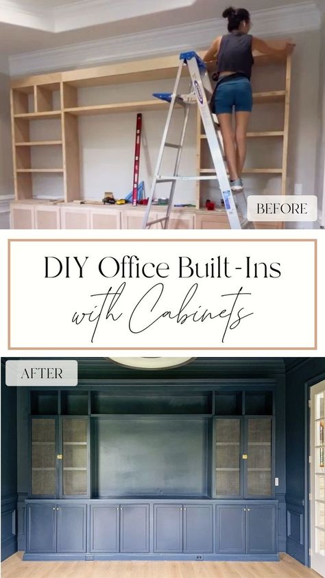 Ikea Cabinet Built Ins, Diy Built Ins Using Stock Cabinets, Diy Office Cabinets How To Build, Bookcase Built In, Diy Living Room Built Ins, Diy Built In Desk With Cabinets, Diy Office Built Ins With Desk, Office Cabinets Ideas, Office Built In Cabinets And Desk