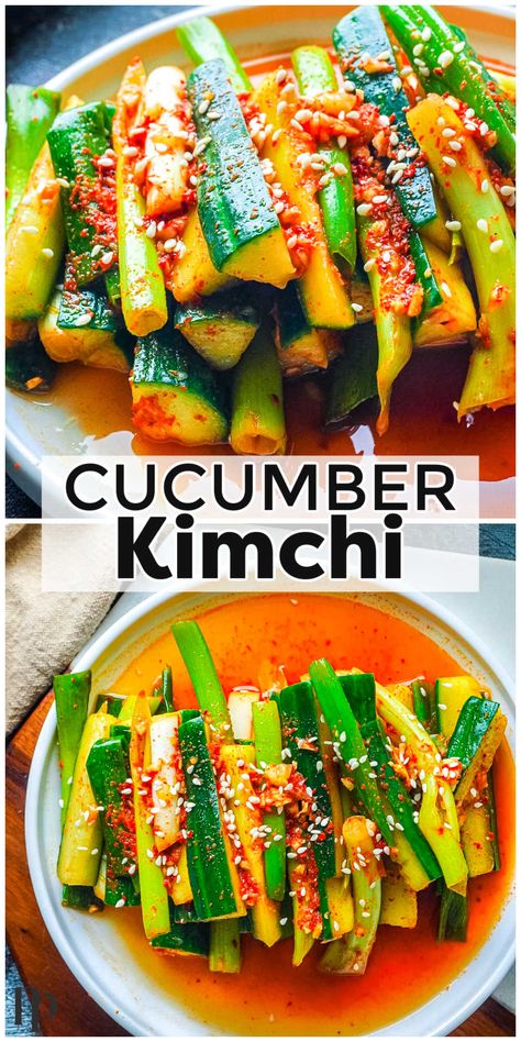 This Cucumber Kimchi recipe is made with crunchy cucumber smothered in tasty garlic, pepper, and ginger sauce that is so easy to make. Vegetable Recipes, Healthy Recipes, Paleo, Cucumber Kimchi, Cucumber Recipes, Kimchi Recipe, Fermented Vegetables Recipes, Asian Dishes, Fermented Vegetables