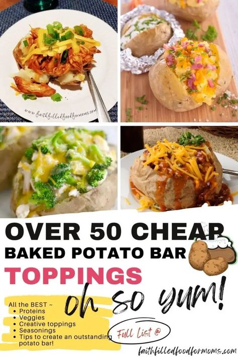 Essen, Camping Baked Potato Bar, Chili For Baked Potato Bar, Baked Potato Bar Toppings List, Loaded Baked Potato Bar Toppings, Loaded Potato Bar Ideas, Potato Bar Toppings Ideas, Potatoe Bar Ideas, Baked Potato Bar Ideas Toppings