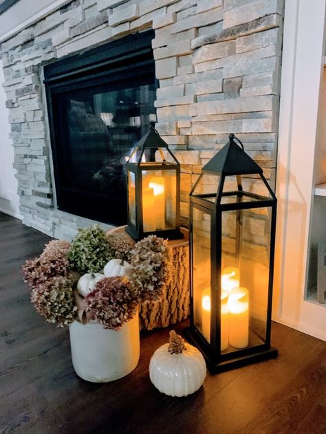 Halloween, Decoration, Decorating With Lanterns Living Rooms, Lantern Fireplace Decor, Candle Lanterns Living Room, Farmhouse Lantern Decor Ideas, Lanterns On Fireplace, Candle Lanterns Decor Ideas, Large Lantern Decor Ideas