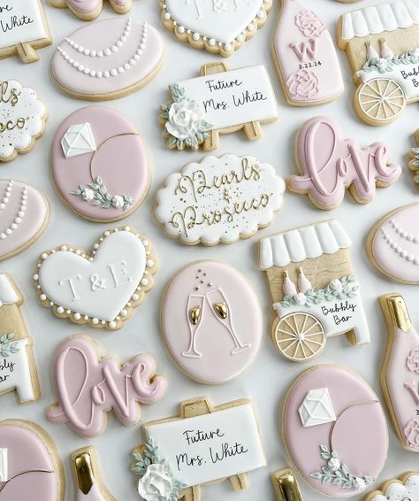 Pearls & Prosecco 🥂 | Instagram Parties, Bridal Shower Cookies, Pearl Party, Pearl Themed Party, Pink Bridal Shower, Bridal Shower Food, Bachelorette Party Cookies, Bridal Cookies, Pearl Bridal Shower