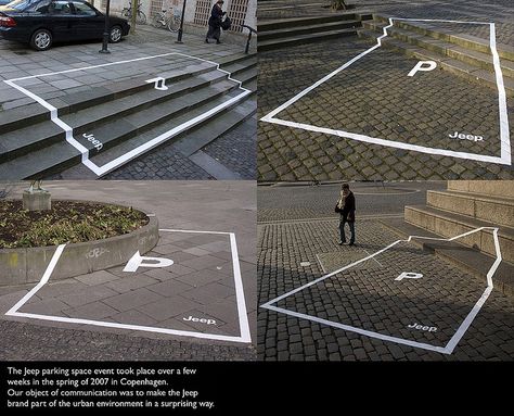 Jeep Park Everywhere marketing idea : be sure pedestrians and city lovers will hate you. #epicfail Outdoor, Guerrilla, Street Art, Hard Rock, Auto, Jeep, Funny Commercial Ads, Parking Solutions, Parking Space