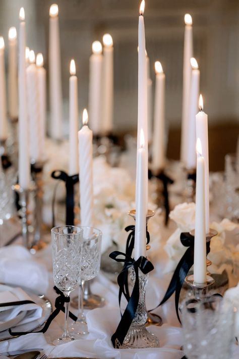 Luxury wedding inspiration wirh white candles and black bows for 2024 weddings Wedding Decor, Wedding Decorations, Wedding Decor Inspiration, Wedding Candles, Candle Wedding Decor, Luxury Wedding, Wedding Candles Table, Wedding Table Decorations Candles, Taper Candles Wedding