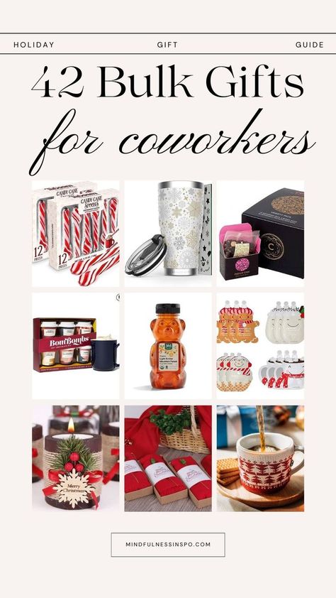 42 bulk gifts for coworkers for Christmas featuring winter coffee tumbler, individually packed tea, bombombs hot chocolate powder in small coffee cups, honey in bear packaging, Christmas sheet masks in bulk, Christmas candles in bulk, Christmas shawl in bulk, Christmas mug in a sweater, sugar canes and more gift ideas in the gift guide on mindfulnesssinspo.com Small Christmas Gifts, Work Christmas Gifts, Small Xmas Gifts, Boss Christmas Gifts, Coworkers Christmas, Staff Gifts, Christmas Gifts For Coworkers, Gifts For Coworkers, Christmas Gifts For Nurses