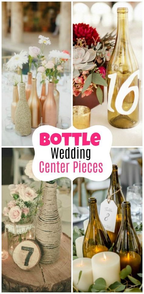 DIY Bottle Wedding Center Pieces. Be creative with wine bottles for your wedding. Wine themed wedding and bottle wedding decor. Wedding Decor, Wine Bottle Wedding Centerpieces, Wine Bottle Wedding Decor, Centerpieces With Wine Bottles, Wine Bottle Centerpieces, Wine Themed Wedding Centerpieces, Wedding Wine Bottles, Wedding Bottles, Wedding Centerpieces Diy