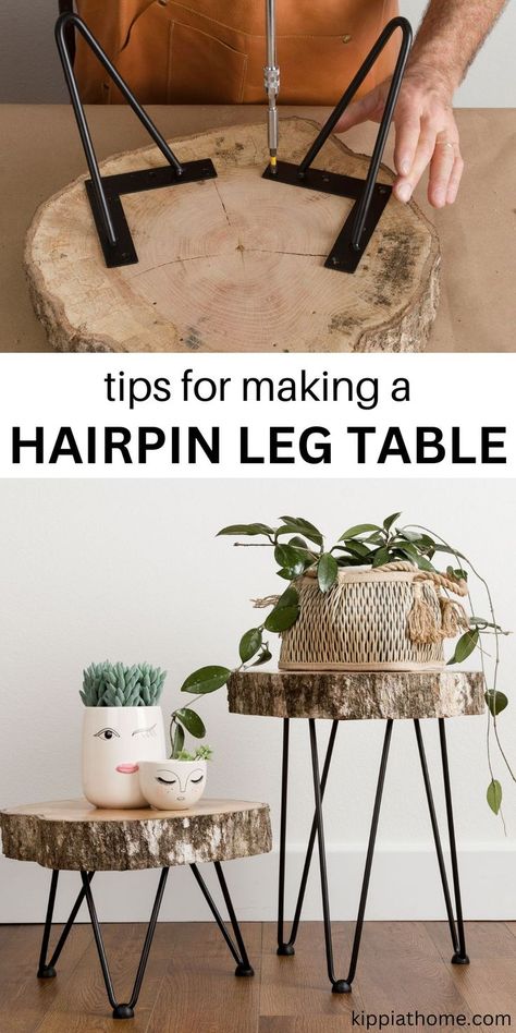 man attaching the hairpin legs. Two hairpin leg tables with plants. Gin, Woodworking, Gardening, Outdoor, Hairpin Legs Diy, Diy End Tables, Diy Table Legs, Diy Pallet Furniture, Hairpin Table Legs