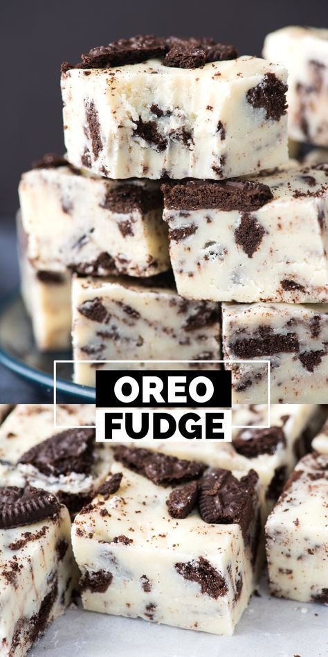 oreo fudge cut into squares and stacked on top of each other with text overlay Fudge, Brownies, Fudge Recipes, Dessert, Snacks, Desserts, Cake, Cookies And Cream, Easy Chocolate Fudge
