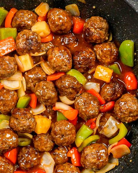 Tossed together with sweet pineapple and stir-fried veggies, these tasty quick and easy Sweet and Sour Meatballs can be baked or air fried! #sweetandsour #meatballs #recipe Healthy Recipes, Snacks, Dips, Stir Fry, Sweet And Sour Meatballs, Sweetish Meatballs Recipe, Recipes With Meatballs, Meatball Dinner, Meatball Recipies