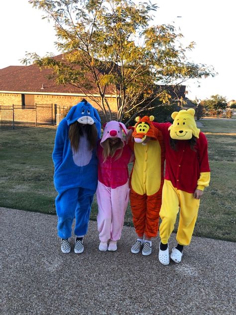 Winnie The Pooh Friend Group Costumes, Tigger Winnie The Pooh Costume, Disney Halloween Costumes 4 People, 4 Best Friends Halloween Costumes, Costumes For 4 People Halloween, Whinney Pooh Halloween Costume, 3 People Disney Costumes, Tiger And Pooh Costume Couple, Matching Costumes 4 People