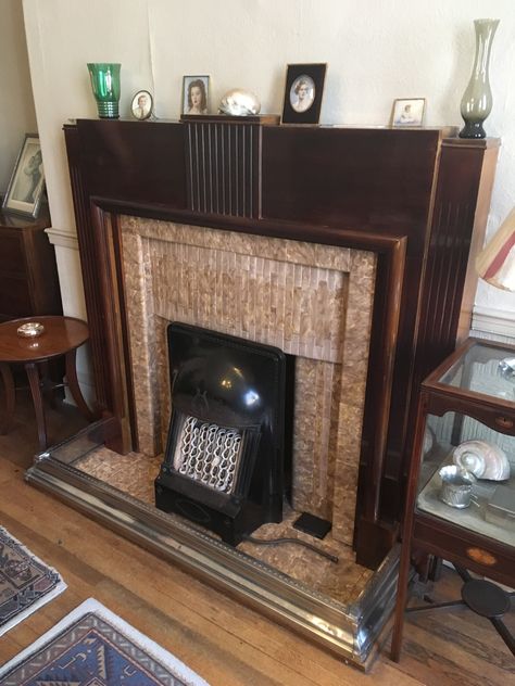 1930s tiled fireplace with wooden surround at Hardman's House in Liverpool (National Trust). #nationaltrust #1930sfireplace #vintagefireplace Victorian Interiors, Wedding Dress, Art Deco, Edwardian Fireplace, 1930s Fireplace, Victorian Fireplace, Victorian Fireplace Mantels, Vintage Fireplace, 1940 House