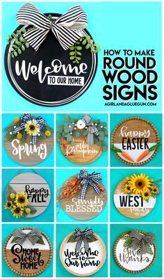 wood round door hangers- lots of different cut files and ideas to make these totally cute signs! #doorhangers #silhouettecameo #cricut #craftvinyl #expressionsvinyl Decoration, Diy, Wood Crafts, Diy Wood Signs, Wood Door Hangers, Wooden Door Hangers, Door Hangers Diy, Wooden Door Signs, Door Hangers