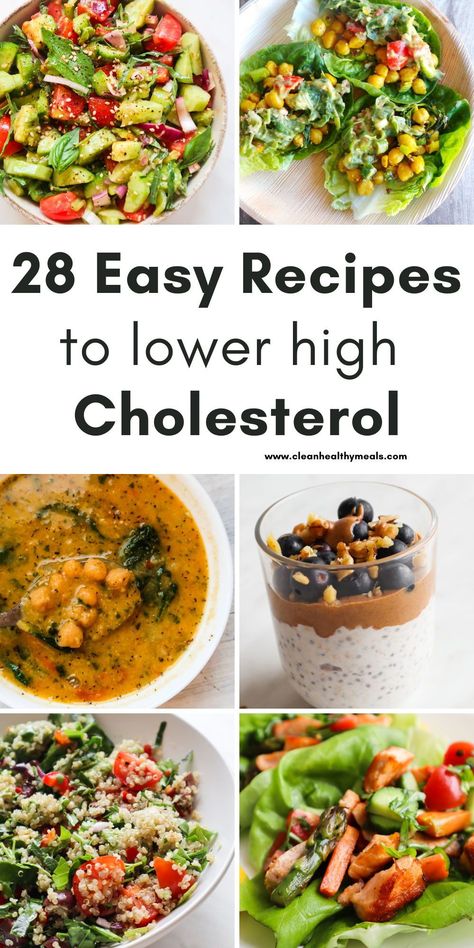 Easy recipes to lower cholesterol! This is a collection of high-fiber low-glycemic healthy meals that you can enjoy for breakfast, lunch and dinner in order to reach healthy cholesterol levels! Including easy salads, soups, recipes with oats and healthy desserts!