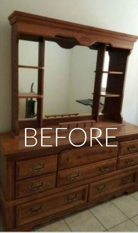 s stop everything these dresser makeovers look ah mazing, painted furniture, Before A dated bedroom dresser and mirror Repurposed Furniture, Furniture Makeover, Home Décor, Dressers Makeover, Dresser Makeover, Dresser Makeovers, Furniture Makeover Diy, Stained Dresser, Thrift Store Furniture