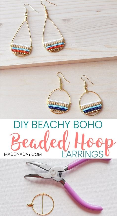 Bead Earrings, Beaded Earrings Diy, Beaded Hoop Earrings, Beaded Earrings Tutorials, Seed Bead Earrings, Beaded Jewelry Diy, Beaded Earrings, Beaded Hoops, Wire Hoop Earrings