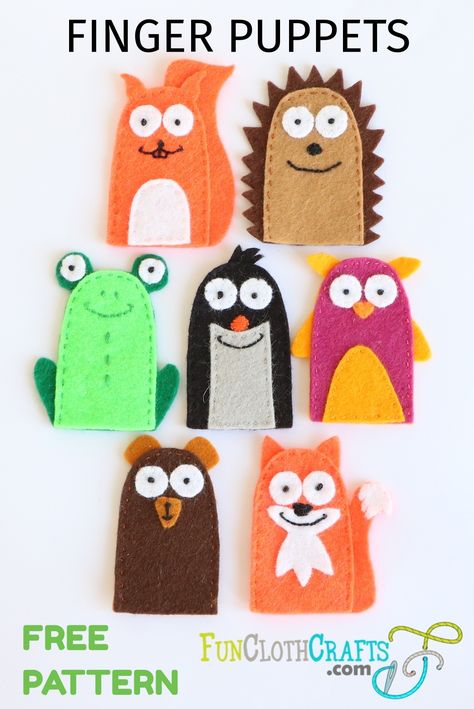 Make these cute finger puppets with easy-to-follow instructions. FREE templates on the website. Patterns for squirrel, hedgehog, frog, mole, owl, bear, and fox finger puppet. Origami, Felt Finger Puppets, Felt Puppets, Puppets For Kids, Felt Animal Patterns, Felt Toys, Puppet Crafts, Felt Toys Patterns, Finger Puppets