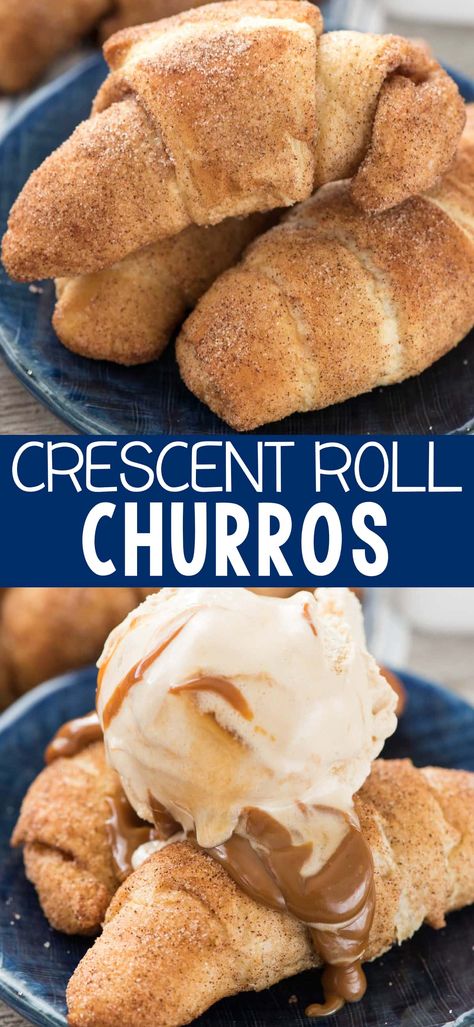 Crescent Roll Churros - this EASY baked churro recipe is crunchy and sweet and full of cinnamon flavor. Only 3 ingredients and are the perfect breakfast, brunch, or dessert recipe! Mini Desserts, Desserts, Pie, Breads, Croissant, Dessert, Snacks, Cake Pops, Cake