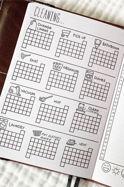 Looking for a way to track your chore schedule in your bullet journal!? Check out these awesome cleaning trackers for inspiration! #bujo #bujotracker #bulletjournal #bujolayouts Organisation, Bullet Journal Cleaning, Planner Ideas, Bullet Journal Habit Tracker, Bullet Journal Ideas Templates, Bullet Journal Ideas Pages, Bullet Journal Notebook, Bullet Journal School, Bullet Journal Writing