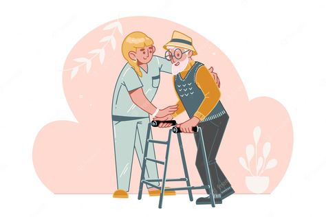 Premium Vector | Elderly care . a social worker or volunteer helps an older man walk. help and care for seniors with disabilities in a nursing home. Inspiration, People, Elderly Care, Nursing Home, Elderly Health, Disabled People, Nurse, Doctor Help, Care Worker