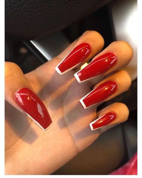 Women will love these gorgeous red coffin acrylic nail design ideas. If you want red and white nails, you're sure to stand out from the crowd with these long nails. Design, Red V Tip Nails Coffin, Red Tip Nails, White Tip Nails, Red Acrylic Nails, Coffin Acrylics, Coffin Nails Designs, White Acrylic Nails, Red Nail Designs