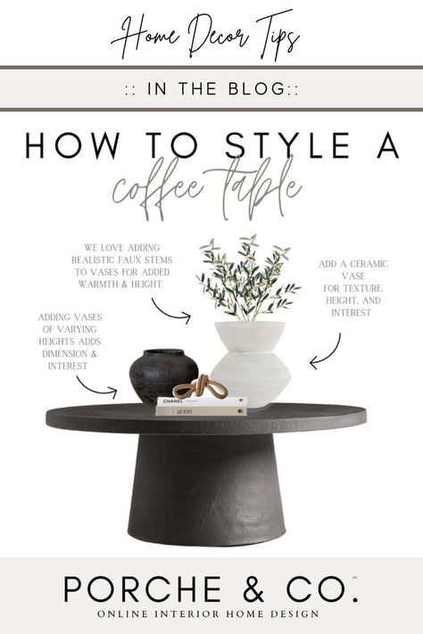 In the blog, the interior designers at Porche and Co. are sharing tips for decorating a coffee table. These Home Decor Ideas include some our latest tips and examples to help give your coffee table the perfect look. We are showing you how we have styled coffee tables three different ways. Great ideas for home decor and home decor accessories for your coffee table. Head to the blog to get all of our home decor tips. Home Decor | Room Decor | Coffee Table Decor Coffee Table Decor Living Room, Contemporary Coffee Table Decor, Modern Coffee Table Decor, Transitional Coffee Table Decor, Coffee Table Styling, Coffee Table For Office, Minimalist Coffee Table Decor, Modern Coffee Table Styling, Contemporary Coffee Table
