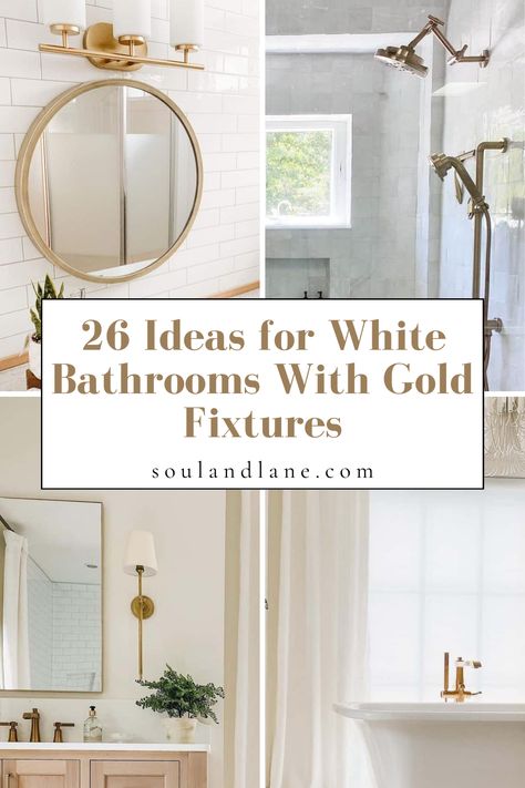 Immerse yourself in sophistication with these ideas of white bathrooms adorned with gold fixtures. The harmonious blend of pristine whites and opulent gold creates a symphony of elegance, turning your bathroom into a sanctuary of luxurious tranquility. Design, White And Brass Bathroom, White Vanity Bathroom, Gold Bathroom Fixtures, Brushed Gold Bathroom Fixtures, Bathroom With Brass Fixtures, Gold Hardware Bathroom, Gold Shower Fixtures, Glam Bathroom Ideas