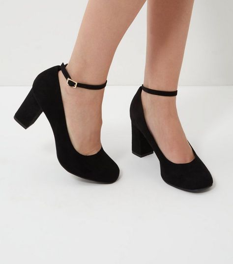 Wide Fit Black Comfort Ankle Strap Block Heels  | New Look Vintage, Prom Shoes, Model, Cute Shoes, Prom Heels, Heels Aesthetic, Moda, Short Black Heels, Dame