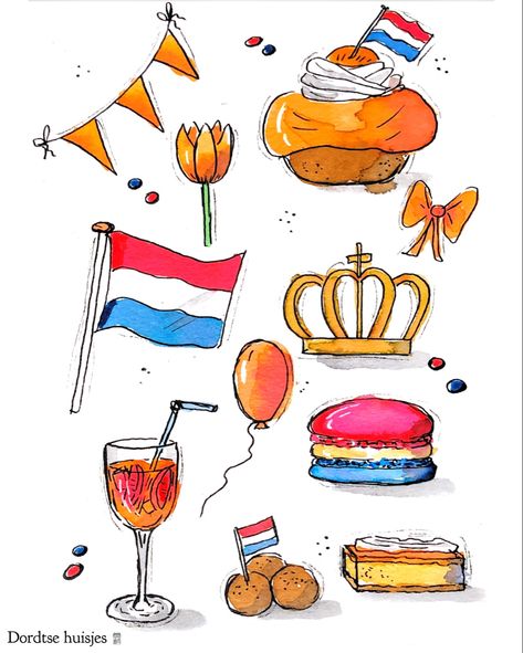 Hier een illustratie met wat lekkernijen en accessoires die te zien zijn op Koningsdag in Nederland. #koningsdag #koningsdagillustratie #dordtsehuisjes #tekenaar Art, Doodles, Nederland, Dutch Flag, Holland, Knutselen, Dutch Quotes, Handlettering, Flag