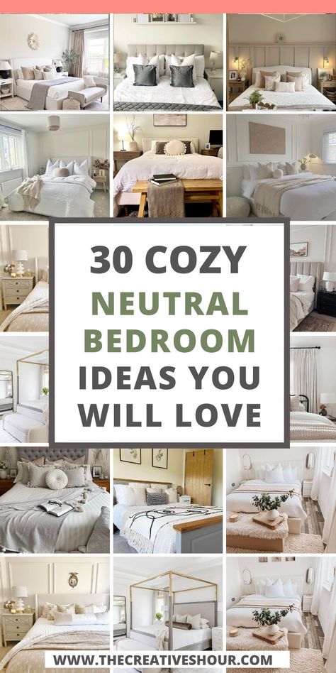 Transform your bedroom into a tranquil oasis with these cozy neutral bedroom ideas! From farmhouse charm to boho chic, discover how to infuse soothing color tones and decor for a relaxing and romantic modern retreat. Inspiration, Interior, Boho Chic, Diy, Florida, Houston, Neutral Bedding, Neutral Guest Bedroom, Cozy Bedroom Colors