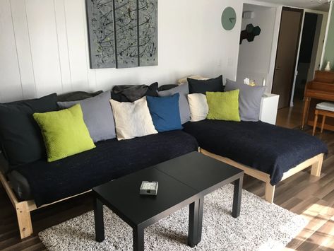 We turned a couple of cheap IKEA bed frames into a sectional sofa - Imgur Ikea, Ikea Sectional, Sectional Sofa Comfy, Diy Sofa Bed, Ikea Bed Frames, Comfy Sectional, Ikea Couch, Ikea Bed, Mattress Couch