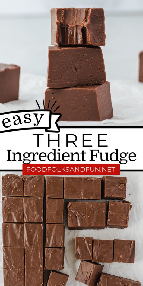 It is so easy to make homemade fudge with this 3 Ingredient Fudge recipe! Serve it at a party or pack it in a festive tin as a simple gift! via @foodfolksandfun Desserts, Dessert, Cake, Fudge, Snacks, Homemade Fudge Recipes, Home Made Fudge Recipe, Homemade Fudge Easy, Homemade Fudge