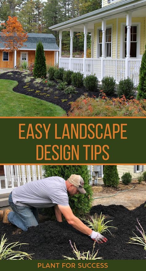 top portion is completed planting bed with trees and shrubs and perennials. Bottom portion is man spreading mulch with his hands. Ideas, Architecture, Gardening, Design, Inspiration, Landscaping Ideas, Exterior, Urban, Landscaping Tips