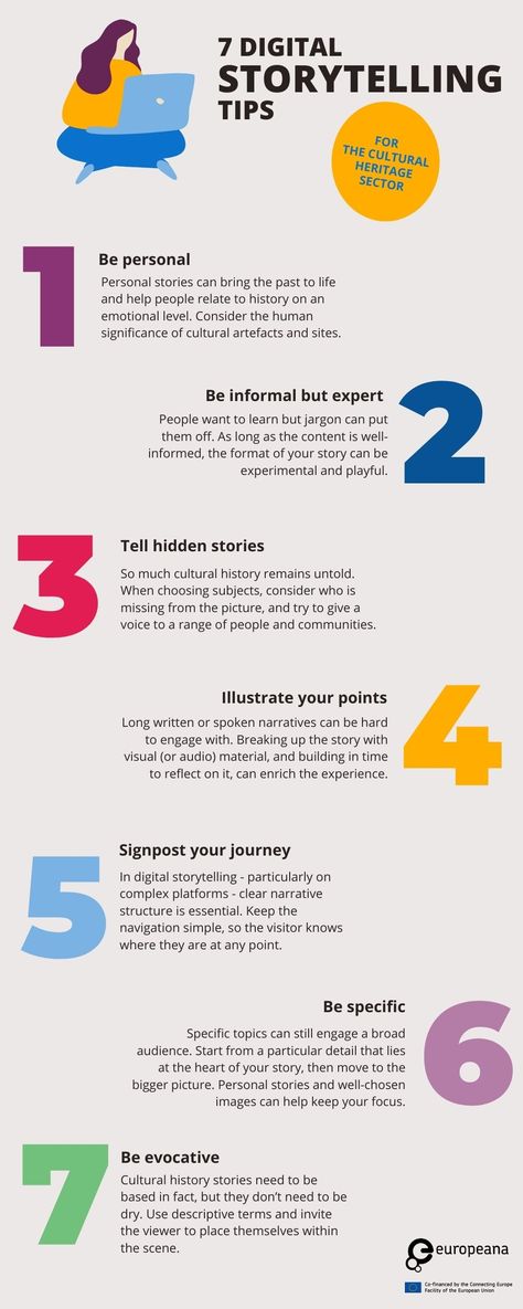 An infographic featuring 7 storytelling tips for digital cultural heritage: 1. Be personal 2.Be informal but expert 3. Tell hidden stories 4. Illustrate your points 5. Signpost your journey 6. Be specific 7. Be evocative Ideas, Packaging, Youtube, Storytelling Techniques, Business Storytelling, Podcast Tips, Creative Writing Tips, Social Bookmarking, Social Media Planning