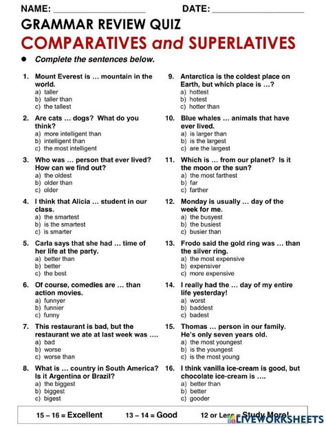 Comparative and Superlative Adjectives interactive activity for Grade 3. You can do the exercises online or download the worksheet as pdf. English, English Grammar, Worksheets, English Grammar Quiz, Grammar Quiz, English Grammar Test, English Adjectives, English Grammar Exercises, English Quiz