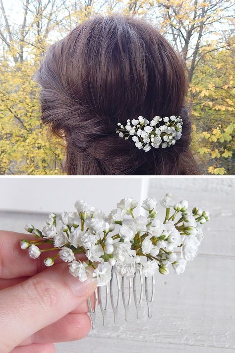Flower hair comb with white flowers gypsophila (babys breath). Made of foam EVA material. The total length is 3.5'' (9 cm). Every flower detail and the assembly are carefully handmade done. #babysbreath #babybreath #hairstyle #hairaccessories Diy Flower Hair Clips Wedding, Flower Hair Clips Wedding, Baby Breath In Hair, Flower Hair Clips, Flower Headpiece, Babys Breath Hair, Flower Hair Accessories, Flower Girl Hair Piece, Flower Girl Hairstyles