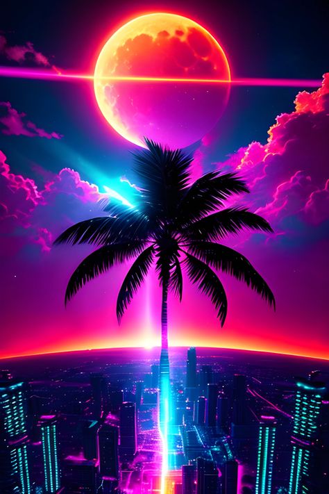 A glowing neon city at night with palm trees and a fantasy full moon. Synthwave vaporwave inspired art Inspiration, Retro, Neon, Vaporwave Art, Cool Wallpapers Art, Neon Nights, Neon Light Wallpaper, Synthwave Art, City Wallpaper
