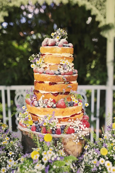 Cake, Brunch, Wedding Cakes, Colourful Wedding Cake, Wedding Cake Garden Theme, Unfrosted Wedding Cake, Garden Wedding Cake, Cake Decorating, Garden Cakes