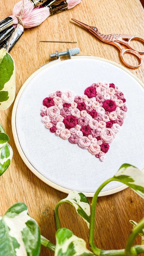 Sherwood Forest Creations - Embroidery Kits & Woodworking Flowers In Embroidery, Flower Heart Embroidery, Pink Embroidery Designs, Valentine Hand Embroidery, Valentine Embroidery Ideas, Embroidery Valentine Ideas, Love Embroidery Ideas, Valentines Hand Embroidery, Valentine’s Day Embroidery