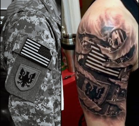 90 Army Tattoos For Men - Manly Armed Forces Design Ideas Tattoo, Tattoo Designs, Sleeve Tattoos, Design, Ideas, Tattoos, Black And Grey Tattoos, Samurai, Ripped Skin Tattoo