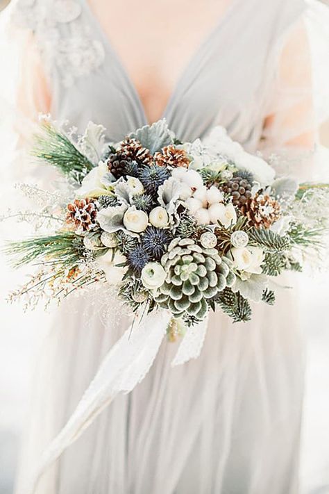 Pinecones and frosted greenery give instant wintery wedding vibes. Bouquets, Floral Wedding, Wedding Colours, Wedding Flowers, Winter Wedding Flowers, Winter Wedding Bouquet, Winter Bouquet, Winter Bridal Bouquets, Rustic Winter Wedding