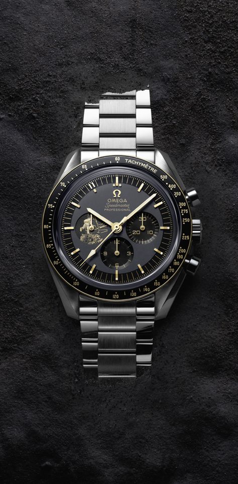 The Speedmaster Apollo 11 50th Anniversary Limited Edition in stainless steel and 18K Moonshine™ gold. Notice the number 11 on the dial of the watch and the laser-engraved image of Buzz Aldrin climbing down onto the lunar surface. Chronograph, Men's Watches, Rolex Watches, Omega Mens Watches, Omega Speedmaster Moonwatch, Omega Watch, Rolex, Omega Speedmaster Gold, Omega Watches For Men
