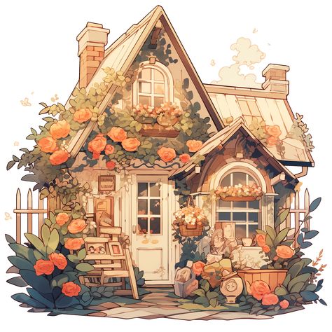 Cozy Cottage with Flowers in Rustic and Cottagecore Style Sticker Rustic Cottage Core Aesthetic, Cartoon Cottagecore Aesthetic, Cottage Core Dnd Character, Town Art Illustration, Cottage House Painting, Cottagecore Fantasy Art, Story Book Cottages, Cozy Art Drawing, Cozy Aesthetic Illustration