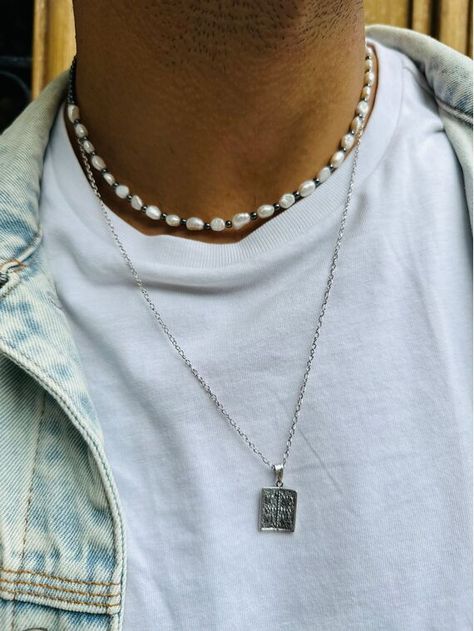 Two different Mens Necklaces that are made from materials that create a Luxury Set. The first necklace is made from Freshwater Pearls and Gray Hematite Beads, and the second one is a Rectangular Christian Charm that is passed through a Chain that is made from Sterling Silver 925. You can wear them together or separately as well. Find them only at Christina Christi Store. Bijoux, Mens Necklace Pendant, Mens Pearl Necklace, Mens Beaded Necklaces, Mens Silver Necklace, Mens Jewelry Necklace, Chains For Men, Silver Chain Necklace, Men Necklace