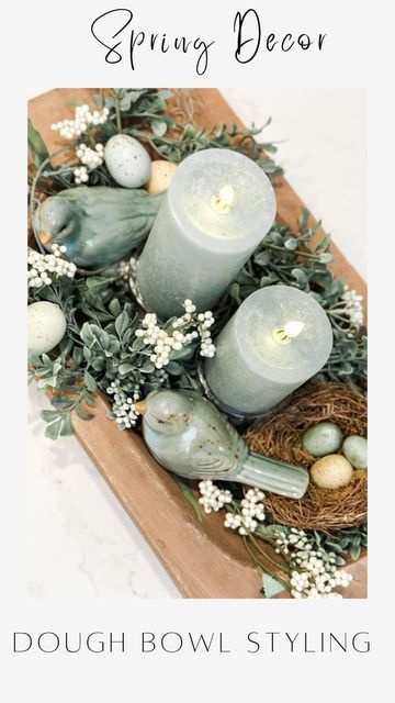 Janine Graff on Instagram: "Spring Dough Bowl Styling Spring is less than a month away and I can��’t wait! Who else is ready for Spring? I love decorating my dough bowl seasonally. Here is a Spring inspired arrangement perfect for your dining table or console. These gorgeous sea glass flameless candles by @luminaraworldwide are part of their new Spring collection available now and linked in my BIO. Use my code JANINEGRAFF10 for an additional 10% off your entire purchase at checkout. Dough bow Decoration, Diy, Summer, Inspiration, Spring Table Decor, Spring Easter Decor, Easter Centerpieces, Easter Table, Spring Centerpiece