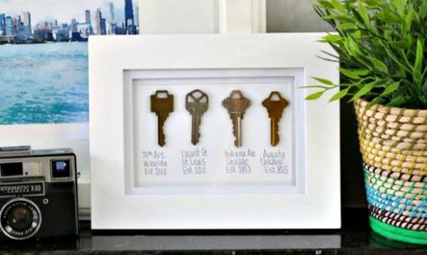 DIY Home Key Art - Memorabilia display of all the places you've lived. Find the tutorial for this DIY craft project plus 10 more crafts that you can make for your home using old keys! These are so neat! Ideas, Diy, Diy Projects, Diy Crafts, Key Crafts, Craft Projects, Old Baskets, Old Keys, Crafty
