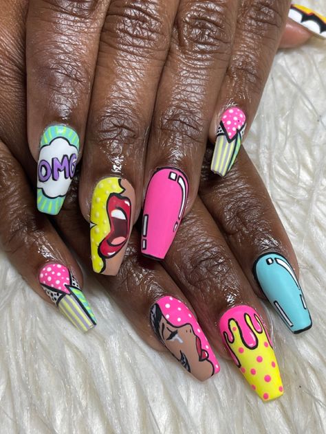 Apres extensions wifh pop art inspired nail art. Nail Arts, Funky Nail Art, Nail Art Designs, Funky Nail Designs, Crazy Nail Art, Crazy Nail Designs, Crazy Nails, Cartoon Nail Designs, New Nail Art