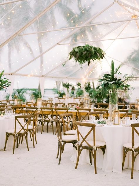 Island wedding in The Florida Keys. Beach wedding reception with clear tent, wooden chairs and tropical greenery centerpieces. #tropicalwedding #islandwedding #weddingreceptionideas Beach Weddings, Decoration, Beach Tent Wedding, Beach Wedding Decorations Reception, Destination Wedding Decor, Beach Wedding Decorations, Beach Wedding Reception, Outdoor Beach Wedding, Hawaii Wedding