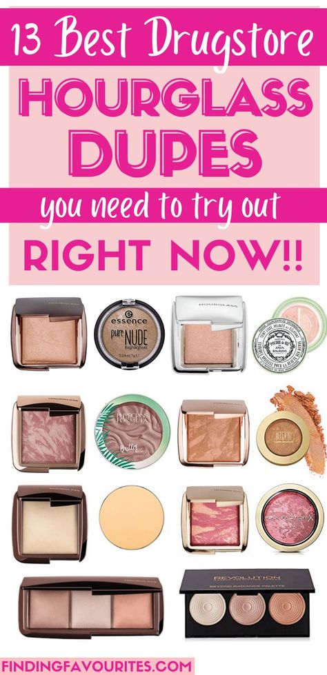 If you've had your eye on an ambient lighting powder shade, check out these best Hourglass drugstore dupes to start SAVING some MAJOR CASH! Includes hourglass veil powder dupe, dupe for hourglass ambient lighting, hourglass translucent powder dupe, hourglass concealer dupe, hourglass mood exposure dupe, hourglass vanish stick foundation dupe, hourglass setting powder dupe, hourglass veil translucent powder dupe, hourglass dupes powder, hourglass primer dupe, hourglass luminous flush dupe. Dupes, Foundation Dupes, Beauty Dupes, Concealer, Foundation, Drugstore Setting Powder, Best Drugstore Makeup, Drugstore Foundation Dupes, Drugstore Bronzer