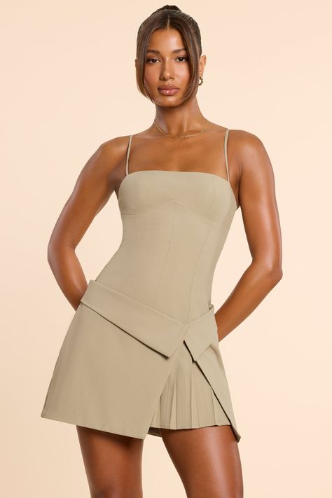 Bruna Woven Twill Wrap Over Pleated Mini Dress in Taupe | Oh Polly Outfits, Haute Couture, Dresses, Pleated Mini Skirt, Pleated Mini Dress, Pleated Dress, Polly Dress, Going Out Dresses, Fall Dress Outfit