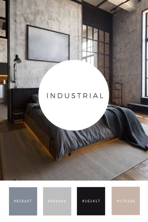Concrete wall paper for master bedroom Industrial Living Room Color Palette, Grey Industrial Bedroom, Industrial Chic Bedroom, Modern Industrial Bedroom Decor, Modern Bedroom Color Schemes, Modern Industrial Bedroom Design, Bedroom Industrial Style, Industrial Bedroom Design, Modern Industrial Bedroom